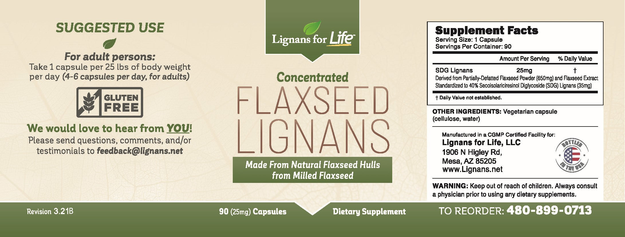 Lignans for Life Flaxseed Lignans 25mg Label