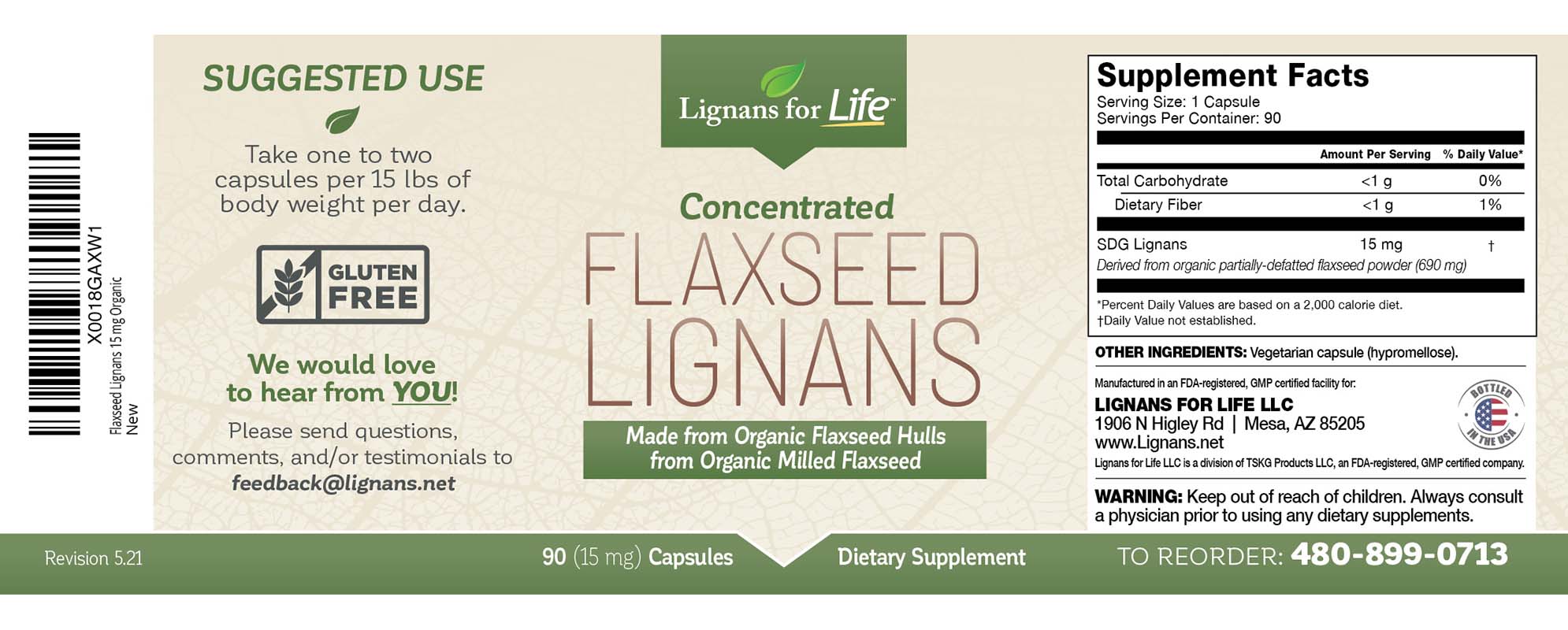 Lignans for Life Flaxseed Lignans 15mg Label Rev.5.21